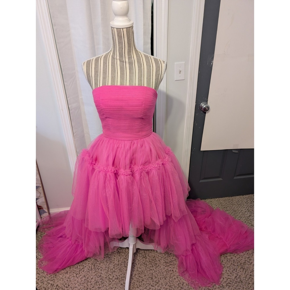 NEW Hot Pink Strapless Hi-Low Tulle Tiered Corset Back Prom Dress Size 0 - Picture 4 of 10